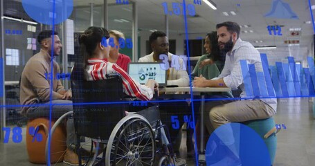 Poster - Animation of data processing and diagrams over disabled and diverse colleagues discussing work