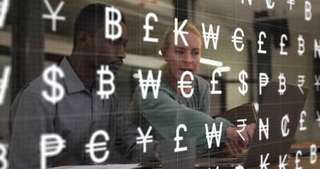 Poster - Animation of currency symbols over diverse colleagues using laptop in office