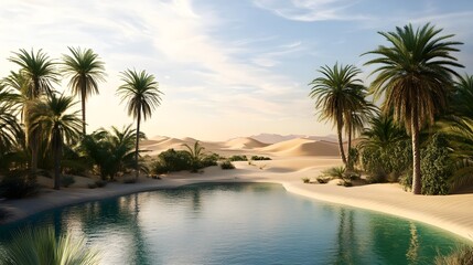 a serene desert oasis featuring lush palm trees and a tranquil pool of water surrounded by sandy dun