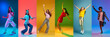 © master1305 - Collage. Full-length image of happy young girls, children in casual stylish clothes cheerfully dancing against multicolored background. Concept of childhood, emotions, hobby. Banner