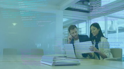 Poster - Animation of data processing over diverse colleagues using laptop in office