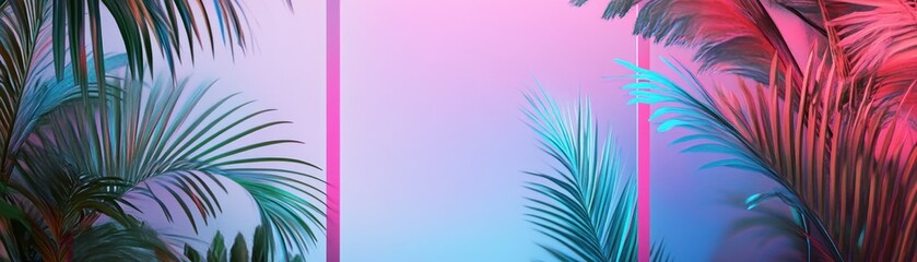 Wall Mural - Palm Leaves Silhouetted Against Vibrant Pink and Blue Gradient