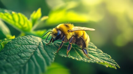 Canvas Print - Bumblebee on a Green Leaf - Close Up Macro Photography