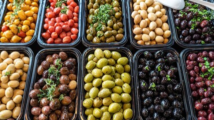 Poster - A vibrant display of assorted olives is set out in clear bowls, showcasing a wide range of colors and sizes, creating an appealing visual feast at a market stall