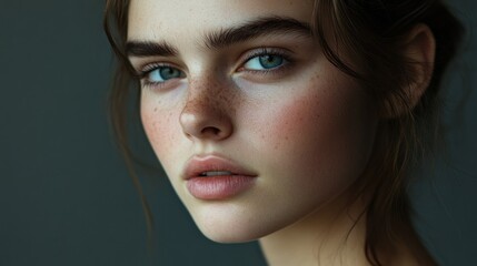 Sticker - Close-up Portrait of a Young Woman with Freckles and Blue Eyes