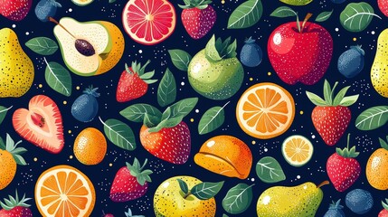 Poster - A colorful collection of fruits such as strawberries, apples, oranges, and blueberries is beautifully arranged against a dark backdrop, highlighting their freshness and vibrancy