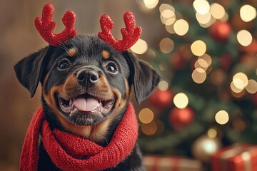 Poster - A cheerful Rottweiler puppy adorned with playful antlers and a cozy red scarf poses happily before a beautifully decorated Christmas tree, radiating holiday joy