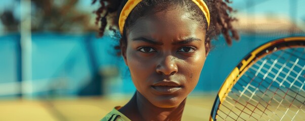 Wall Mural - Exhausted female tennis player resting on a court with a racket, illustrating determination and fatigue in sports. Free copy space for text.