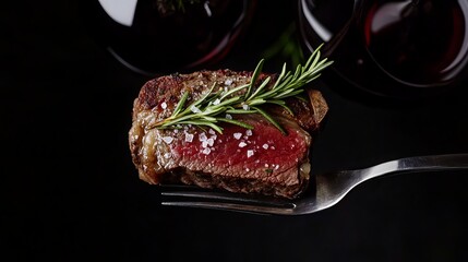 A savory grilled rib-eye steak seasoned with aromatic rosemary, ready to savor. Complemented by a delectable red wine, both elements rest enticingly against a dark backdrop. The steak