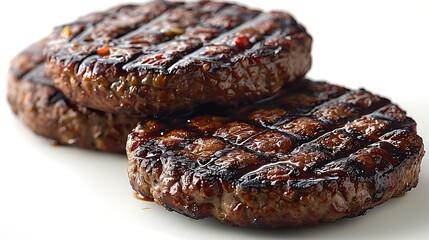 Wall Mural - A juicy, grilled burger beef patty, showcasing its texture and grill lines, isolated on a bright white background.