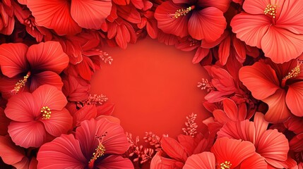 Poster - Round frame featuring red hibiscus elements designed as a festive greeting card background with space for text 2D cartoon illustration