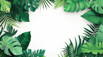 Cutout tropical green leaves in the foreground featuring a 2D cartoon illustration set against a white background