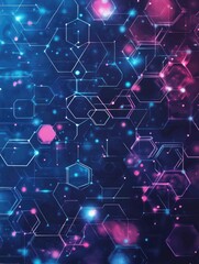 Poster - Futuristic abstract background featuring a hexagonal pattern Digital design showcasing particle and molecular structures relevant to science technology and social interactions in a 2D cartoon style