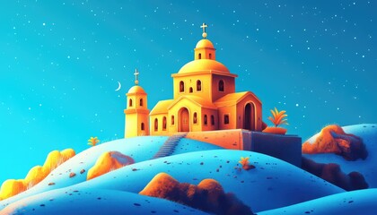 Poster - Holy design on a blue background featuring a 2D cartoon illustration