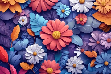 Poster - Modern 2D cartoon illustration featuring volumetric floral elements in a trendy craft style with a 3D effect