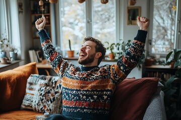 Happy man celebrating success while relaxing on sofa at home