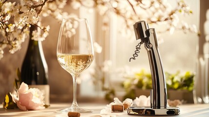 A sleek metal electric corkscrew rests on a stand, ready to effortlessly remove corks from nearby wine bottles. The accompanying glass of wine hints at its intended purpose. Delicate flowers