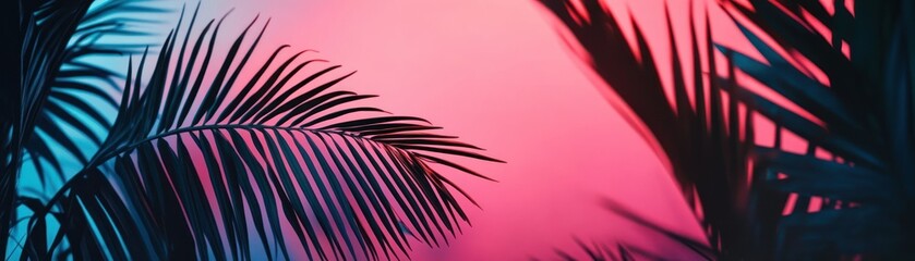 Poster - Silhouette of Palm Leaves Against a Vibrant Pink and Blue Gradient Background