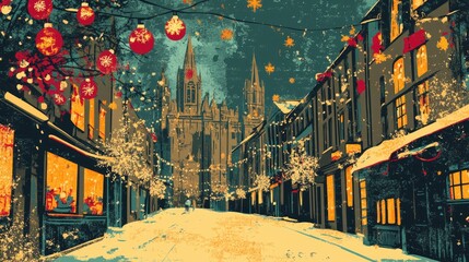 Retro illustration of a cathedral adorned with festive lights showcasing winter decorations in a charming street scene