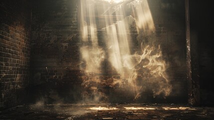 Canvas Print - Empty dark room with brick walls, lighting, smoke, and rays.