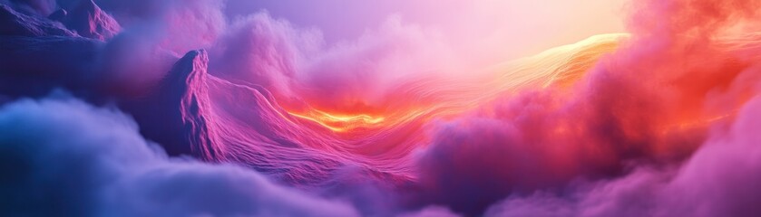 Wall Mural - Abstract Mountain Range with Colorful Clouds and a Glowing Valley