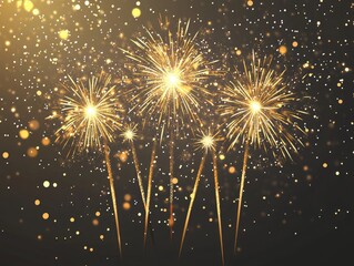 Poster - Golden fireworks in a 2D cartoon style on a dark background featuring bursting rockets sparkling sparklers and a shining gold theme for a festive night sky and celebratory display