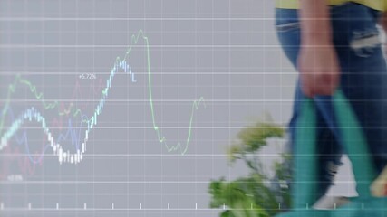 Poster - animation of financial data processing over caucasian woman holding shopping bag