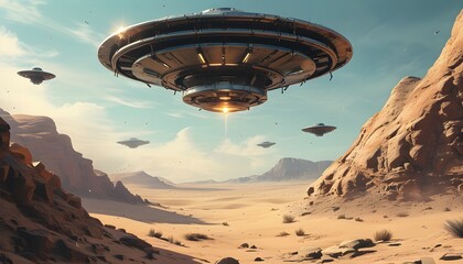 Wall Mural - Futuristic digital metal flying saucer soaring over a vast desert landscape in striking poster design