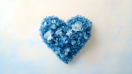 A realistic blue heart made of organic materials, positioned centrally on a light pastel background, showcasing texture