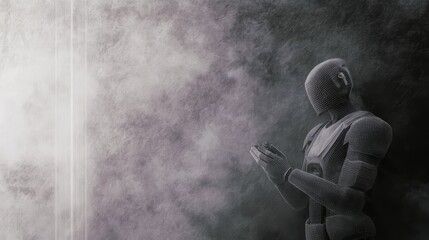 Wall Mural - A humanoid figure lost in thought reflects on existence amid ethereal fog