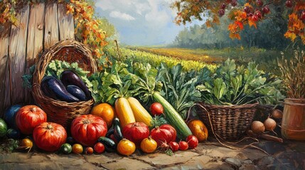 Oil painting depicting fresh vegetables in a farming and gardening setting