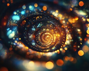 Poster - Shimmering golden spiral garlands exhibiting colorful blurring effects