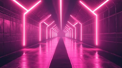 Poster - Line art illustration depicting a narrow tunnel with vibrant pink neon lights creating a glowing futuristic ambiance as reflections softly illuminate the ground