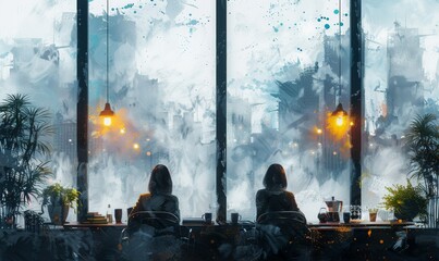 Silent reflections in a cozy café overlooking a misty cityscape, two figures contemplating life as raindrops adorn the window during a rainy afternoon