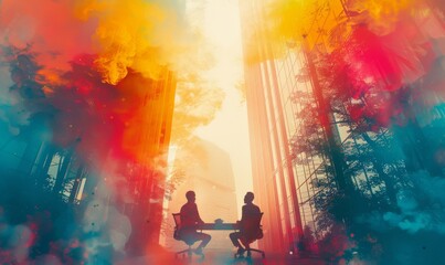 Wall Mural - A vibrant silhouette of two individuals in a modern urban setting, engaged in deep conversation while surrounded by colorful abstract light during dusk