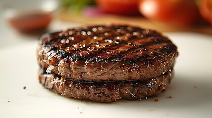 a juicy, grilled burger beef patty, showcasing its texture and grill lines, isolated on a bright whi