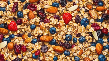 Wall Mural - Oil painting depicting a vibrant and crispy granola blend featuring honey nuts dried fruits and grains Captivating healthy food imagery showcasing oatmeal granola