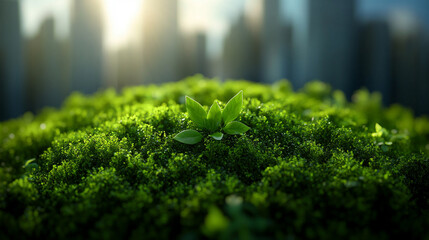 Lush green moss with delicate leaves illuminated by sunlight against a blurred urban backdrop, symbolizing nature and renewal.