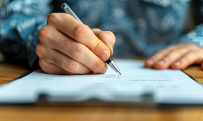 A person diligently writing on a notepad at a wooden table, capturing a moment of inspiration during a creative brainstorming session at a cozy workspace