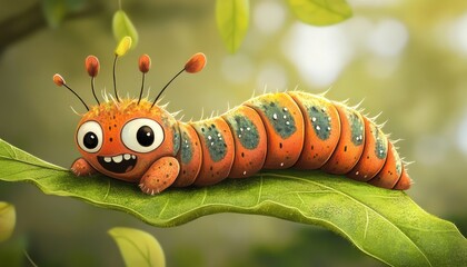 Whimsical caterpillar excitedly approaching a fresh leaf Ideal for a children s coloring book Digital artwork