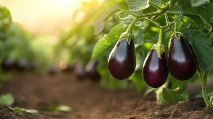 closeup of fresh eggplants hanging from green plants, sunlit in a field