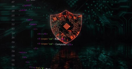 Poster - animation of data processing over shield with computer circuit board on black background