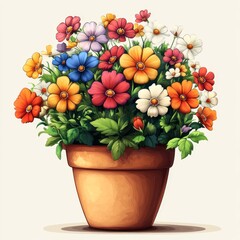 Sticker - A colorful bouquet of flowers in a terracotta pot.