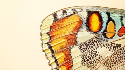 A close-up view of a butterfly wing displaying intricate patterns and vibrant colors against a light solid color background