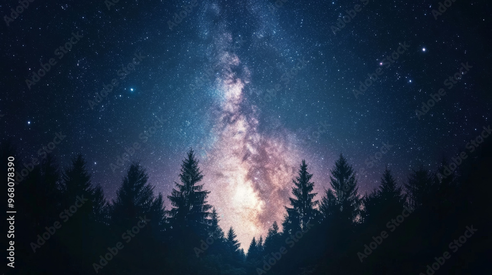 The Milky Way galaxy shines brightly over a dark forest. You can see ...