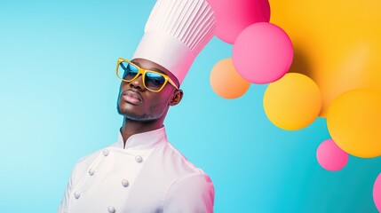 A colorful and playful portrait of a chef with a playful and expressive pose, reflecting the vibrant and fun atmosphere of the restaurant.