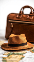 Stylish fedora hat placed near a vintage brown bag, ideal for travel or fashion themes, evoking adventure and sophistication.