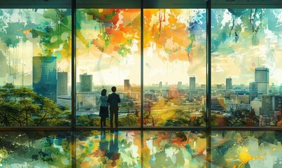 A couple gazes out over a vibrant cityscape adorned with splashes of color, capturing a moment of connection against a stunning urban backdrop at sunset