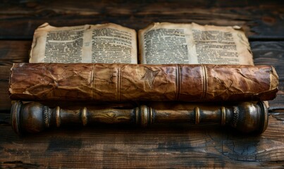 A weathered leather-bound book rests atop an ancient scripture, both nestled on a rustic wooden table, inviting exploration of forgotten wisdom and stories untold from bygone eras