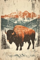 Wall Mural - Retro illustration of a bison in a snowy landscape featuring a large bull buffalo among winter scenery